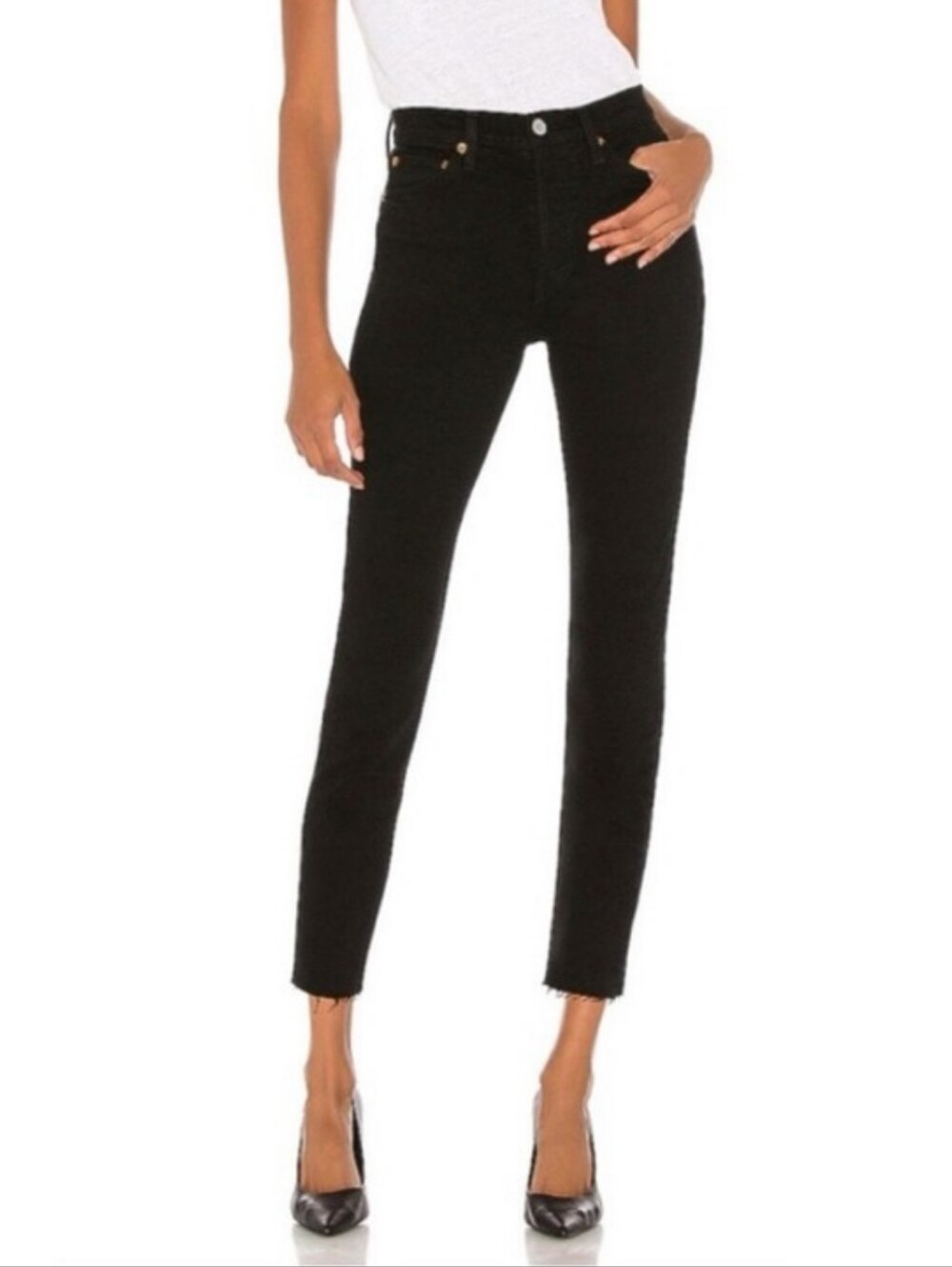 Re/done High Rise Ankle Crop skinny jeans in Black99 wash